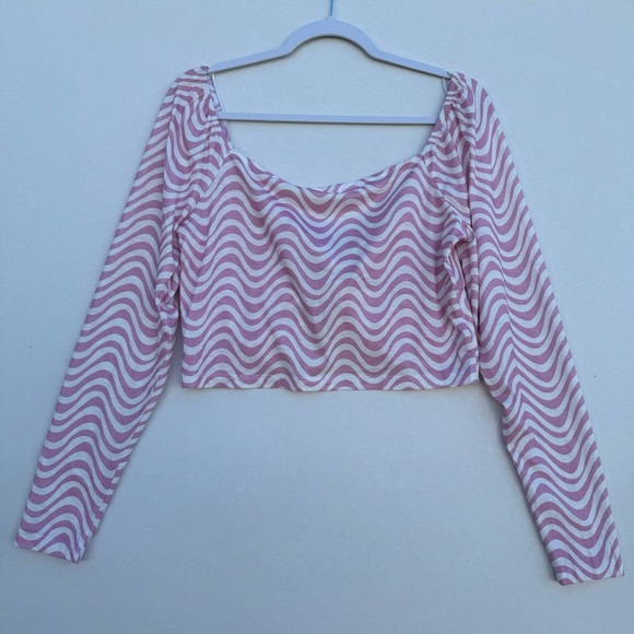 Elodie Abstract Warped Print Long Sleeve Crop Top Pink / White Women Size XL - Picture 3 of 13